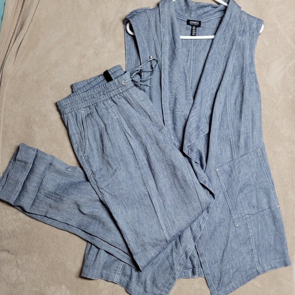 Jones New York Linen Blend Chambray Color Drape Vest & Pants Set